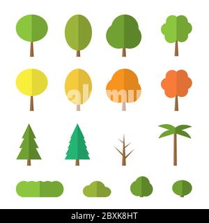 Vektor flache Bäume auf weißem Hintergrund. Verschiedene Bäume mit grünen, orangefarbenen und gelben Blättern. Grüne, blaue Tanne, Büsche und Palmen. Einfaches Baumsymbol isoliert Stock Vektor