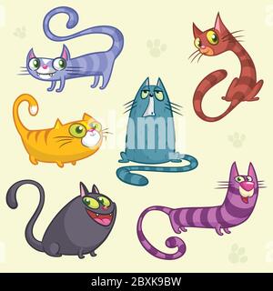 Lustige Cartoon und Vektor Katzen Zeichen. Vektor-Set von bunten Katzen. Katze Rassen niedlichen Haustier Tiersammlung. Isolierte Objekte Stock Vektor