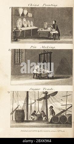 Handel in Regency England. Künstler Malerei eine Porzellanvase in einer Worcester china Factory 7, Mädchen mit einem Fuß-getriebenen Amboss, um Köpfe zu Pins in einer Pin-Herstellung Fabrik in Gloucester 8, und Matrosen entladen Zuckerfässer von einem Schiff in Bristol 9. Holzschnitt-Gravur aus den Szenen des britischen Reichtums von Rev. Isaac Taylor, in Produce, Manufacture and Commerce, John Harris, London, 1823. Isaac Taylor war ein englischer Schriftsteller, Künstler, Graveur und Erfinder 1787-1865. Stockfoto