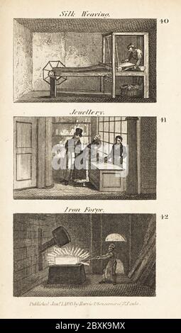 Handel in Regency England: Seidenweberei, Schmuck und Schmiede aus Eisen. Mann, der Seidenstoff auf einem Webstuhl in Coventry 40 webt, Kunden in einem schicken Schmuckgeschäft in Birmingham 41 und Schmied, der mit einem mechanischen Hammer in einer Schmiede in Colebrook Dale 42 arbeitet. Holzschnitt-Gravur aus den Szenen des britischen Reichtums von Rev. Isaac Taylor, in Produce, Manufacture and Commerce, John Harris, London, 1823. Isaac Taylor war ein englischer Schriftsteller, Künstler, Graveur und Erfinder 1787-1865. Stockfoto