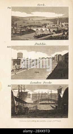 Handel in Regency Irland und England: Cork, Dublin und London Docks. Irisches Rind bringt zum Hafen von Cork 79 gefahren, Blick auf den Fluss Liffey in der Stadt Dublin 80 und virew von Schiffen und Brücken in der Nähe der West India Docks an der Themse in London 81. Holzschnitt-Gravur aus den Szenen des britischen Reichtums von Rev. Isaac Taylor, in Produce, Manufacture and Commerce, John Harris, London, 1823. Isaac Taylor war ein englischer Schriftsteller, Künstler, Graveur und Erfinder 1787-1865. Stockfoto