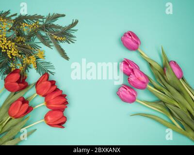 Frühlingsblumen auf türkisfarbenem Hintergrund. Die Aussicht von oben. Stockfoto