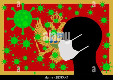 Mensch mit einem Mund Gesicht Masken oder Mund Cover mit Virus mit MONTENEGRO Flagge umgeben Stockfoto