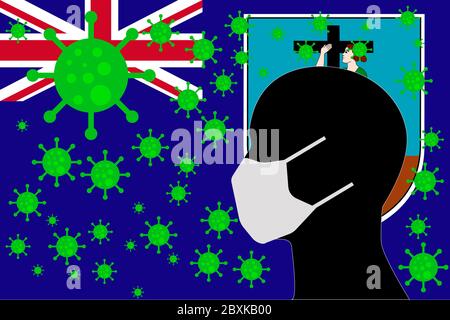Mensch mit einem Mund Gesicht Masken oder Mund Cover mit Virus mit MONTSERRAT Flagge umgeben Stockfoto
