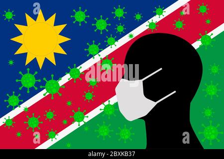 Mensch mit Mundgesicht Masken oder Mundschutz umgeben von Viren mit NAMIBIA-Flagge Stockfoto