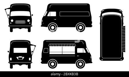 Vintage Food Truck Silhouette auf weißem Hintergrund. Fahrzeugsymbole stellen die Ansicht von der Seite, von vorne, hinten und oben ein Stock Vektor