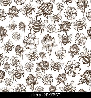 Fliegende Biene und Blumen in Blüte nahtloses Muster Stock Vektor