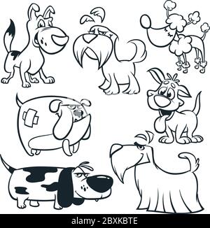 Cartoon Hunde umrissen. Vektorgrafiken von lustigen Hunden: retriever, Dackel, Terrier, Pudel, Spaniel, Bulldogge, Bassetthund. Malbuch Stock Vektor