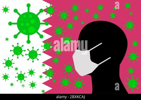 Mensch mit einem Mund Gesicht Masken oder Mund Abdeckung mit Virus mit KATAR Flagge umgeben Stockfoto