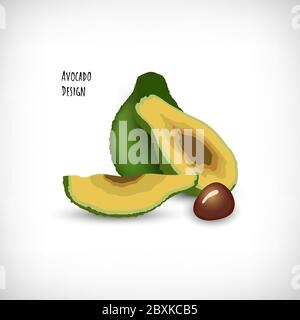 Exotische Frucht auf Vignette Hintergrund. Die Hälfte der Avocado-Scheiben, die ganze Frucht von Avocado, Avocado-Samen. Schriftzug Avocado Design. Elemente für Kochen Thema Design. Vektor-Illustration für gesunde Ernährung. Stock Vektor
