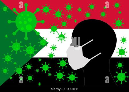 Mensch mit einem Mund Gesicht Masken oder Mund Cover mit Virus mit SUDAN-Flagge umgeben Stockfoto
