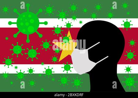 Mensch mit einem Mund Gesicht Masken oder Mund Abdeckung mit Virus mit SURINAME-Flagge umgeben Stockfoto