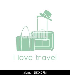 Vektor-Illustration Koffer, Sonnenhut, Strandtasche isoliert auf weißem Hintergrund. Ich liebe Reisen. Sommer Zeit, Urlaub, Urlaub, Freizeit. Konzept für tra Stock Vektor