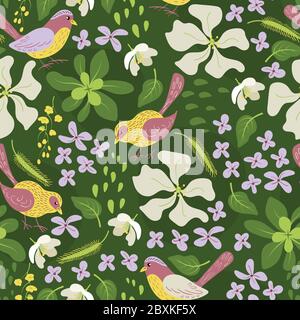 Florales Nahtloses Muster. Handgezeichnete Vögel und Pflanzen auf grünem Hintergrund. Vektorgrafik. Stock Vektor