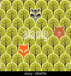 Waschbär, Fuchs und Bär in einem Wald nahtlose Muster. Vektor Design Hintergrund. Stock Vektor
