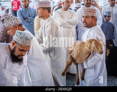 Nizwa, Oman, 2. Dezember 2016: Ziegenverkäufer auf dem Freitagsziegenmarkt in Nizwa, Oman Stockfoto