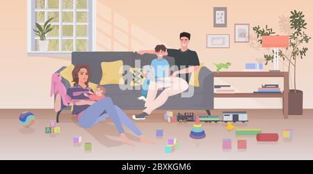 Eltern mit Kindern verbringen Zeit zusammen Familie spielen mit Spielzeug zu Hause entspannen moderne Wohnzimmer Interieur horizontale volle Länge Vektor-Illustration Stock Vektor