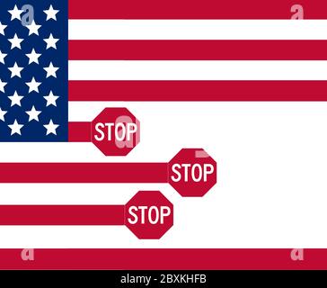 Eine US-Flagge hat einige rote Streifen, die abrupt mit einem rot-weißen Stoppschild in dieser Abbildung enden. Stockfoto