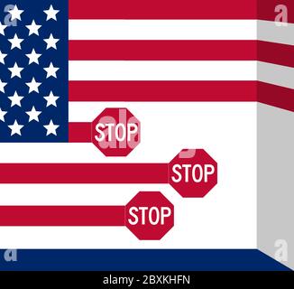 Eine US-Flagge hat einige rote Streifen, die abrupt mit einem rot-weißen Stoppschild in dieser Abbildung enden. Stockfoto