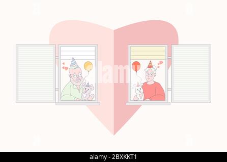 Ein älteres Paar sucht ein Zuhause. Die Fassade des Hauses mit offenen Fenstern. Liebe und Urlaub. Alter Mann und alte Frau mit niedlichen Hunden mit Stock Vektor