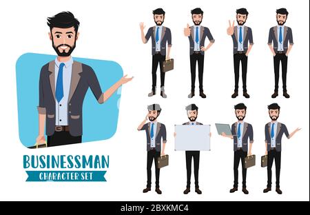 Geschäftsmann Zeichen Vektor gesetzt. Business man Charaktere Corporate Sales Präsentation Pose und Gesten wie Sprechen und Präsentation für Unternehmen gesetzt. Stock Vektor