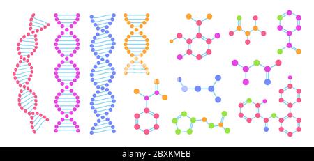 Molekulare Struktur chemisches Atom flach Cartoon-Set. Abstraktes Struktur-DNA-Molekül. Chemie Wissenschaft, molekulare Struktur, Labor-Zellprotein mehrfarbig. Vektorgrafik Stock Vektor