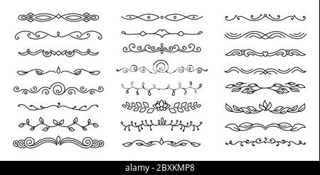 Trennwand florale Linie kalligraphischen Set. Umriss blüht Grenzen, Gemüse Wirbel Vignetten dekorative Elemente, Ornamente. Elegante Grafik Elemente Tinte schwarz Zeichnung. Vektorgrafik Stock Vektor
