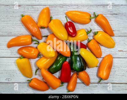 Eine Gruppe von ganzen frischen Paprika flach auf einem hölzernen Hintergrund Stockfoto