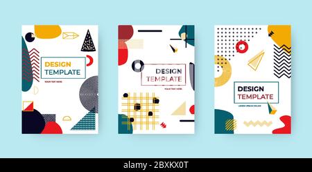 Cover Vorlagen im memphis Style Set. Hintergründe mit verschiedenen geometrischen Formen, trendige Elemente. Textfeld. Musterdesign ideal für Zeitschriften, Cover-Poster, Plakate, Banner Vektor-Illustration Stock Vektor
