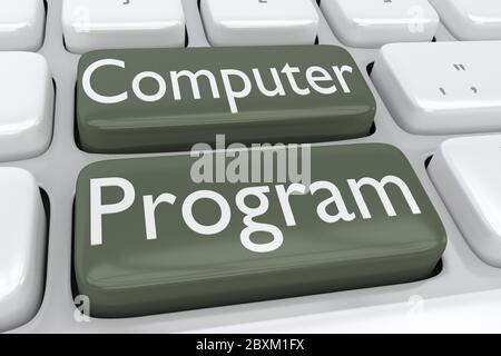3D-Darstellung der Computertastatur mit dem Skript Computerprogramm auf zwei benachbarten grauen Tasten Stockfoto