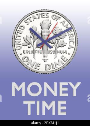 3D-Darstellung des ZEITTITELS UNTER einer Uhr, isoliert über blauem Gradienten. Die Uhr basiert auf einer silbernen 1-CENT-Münze Stockfoto