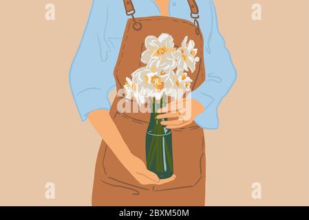 Frau als Floristin in Schürze mit Blumen in einer Vase Nahaufnahme gekleidet. Vektorgrafik im flachen Stil Stock Vektor