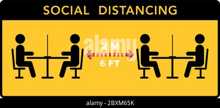 Halten Sie eine soziale Distanz in Restaurants und Cafés. Die Tische der Besucher befinden sich in sicherer Entfernung. Vektorgrafik Stock Vektor