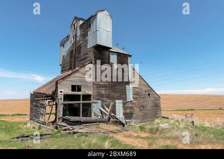 Verlassene Körnerelevator in einem Feld. Bild aufgenommen im Palouse, Washington. Stockfoto