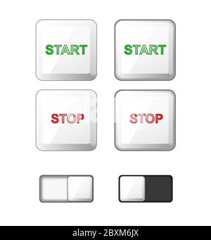 Web-Schaltflächen eingestellt. Vektor. Weiße Kunststoff rund solide Tasten. Icons für Internet: Start, stop, slide button slider bar . Gedrückte Tasten. Grafik Stock Vektor