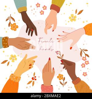 Kreisförmige Vorlage von Vektor-Frauen Hände von verschiedenen Rassen mit zusätzlichen Elementen um. Isolierte Hände in verschiedenen Positionen und unterschiedlich Stock Vektor