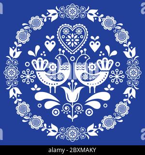 Volkskunst Vektor runde ornamentalen Rahmen mit Vögeln, Herzen und Blumen, skandinavisches Design in Kreis, florale Komposition Stock Vektor
