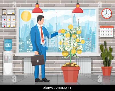 Geschäftsmann erntet von Geld Münzbaum. Wachsender Geldbaum. Investitionen, Investitionen. Goldmünzen und Dollarnoten auf den Zweigen. Symbol des Reichtums. Geschäftserfolg. Abbildung flacher Vektorgrafiken. Stock Vektor