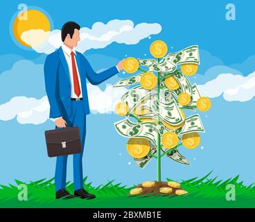 Geschäftsmann erntet von Geld Münzbaum. Wachsender Geldbaum. Investitionen, Investitionen. Goldmünzen und Dollarnoten auf den Zweigen. Symbol des Reichtums. Geschäftserfolg. Abbildung flacher Vektorgrafiken. Stock Vektor