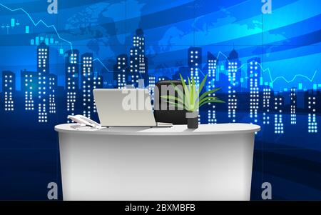 Schreibtisch im Büro mit Stadt im Nachthintergrund Stock Vektor