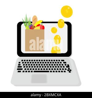 Online-Shopping. Online-Shopping für Produkte. Bestellen Sie per Laptop Stock Vektor