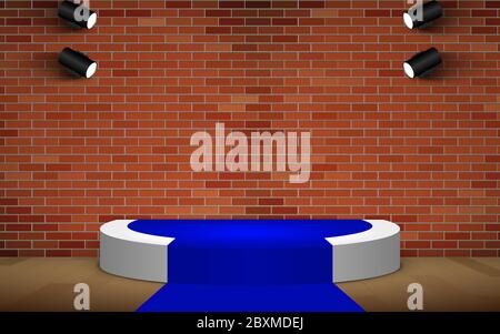 Weißes Podium und blauer Teppich mit Scheinwerfer auf dem gemauerten Zimmer Stock Vektor