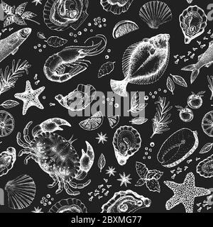 Hand gezeichnet Meeresfrüchte nahtloses Muster. Vektor Krabbe Fische und Austernfische Illustrationen auf Kreidetafel. Vintage Marine Hintergrund Stock Vektor