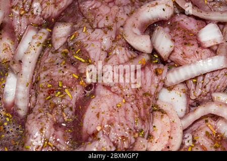 Putenfleisch in Stücke geschnitten und in Rotwein mit Zwiebeln und Gewürzen mariniert. Nahaufnahme, Oberflächenstruktur Stockfoto