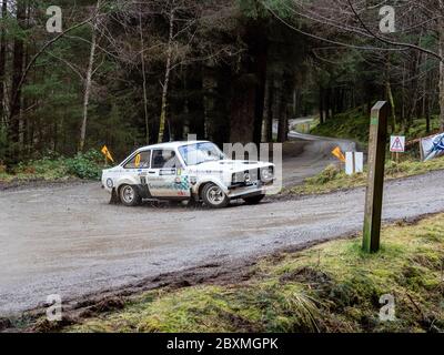 Glen Urquhart, Highland, Schottland, 7. März 2020. Rallye-Auto, das an der Coogie Urquhart Snowman Rally 2020 des Highland Car Club teilnimmt. Die Veranstaltung beginnt und endet in Inverness, wo die Autos über festgelegte Etappen in den Wäldern von Inverness-Shire und Wester Ross gegen die Uhr Rennen. Dies zeigt die Sonderstufe 1 (Lochletter 1). Stockfoto