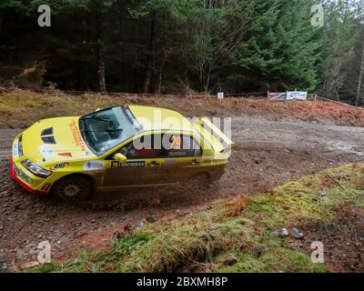 Glen Urquhart, Highland, Schottland, 7. März 2020. Rallye-Auto, das an der Coogie Urquhart Snowman Rally 2020 des Highland Car Club teilnimmt. Die Veranstaltung beginnt und endet in Inverness, wo die Autos über festgelegte Etappen in den Wäldern von Inverness-Shire und Wester Ross gegen die Uhr Rennen. Dies zeigt die Sonderstufe 5 (Lochletter 2). Stockfoto