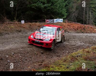 Glen Urquhart, Highland, Schottland, 7. März 2020. Rallye-Auto, das an der Coogie Urquhart Snowman Rally 2020 des Highland Car Club teilnimmt. Die Veranstaltung beginnt und endet in Inverness, wo die Autos über festgelegte Etappen in den Wäldern von Inverness-Shire und Wester Ross gegen die Uhr Rennen. Dies zeigt die Sonderstufe 5 (Lochletter 2). Stockfoto