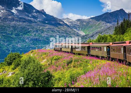 Skagway, Alaska. Die malerische White Pass & Yukon Route Railroad. Stockfoto