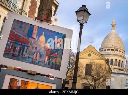 Place du Tertre. Gemälde von Sacre Coeur in Montmartre, Paris, Ile-de-France, Frankreich Stockfoto