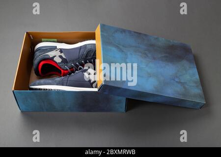 Ein Paar Sneaker in Schuhkarton auf grauem Hintergrund isoliert. Stockfoto